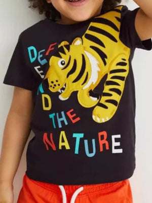 Black cotton baby tee with tiger graphic and "DEFEND THE NATURE" text, paired with orange shorts.