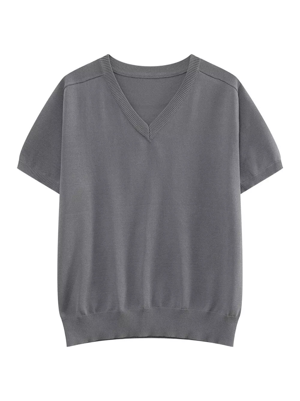Men's light gray V-neck knit t-shirt with short sleeves and ribbed hem.