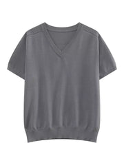 Men's light gray V-neck knit t-shirt with short sleeves and ribbed hem.