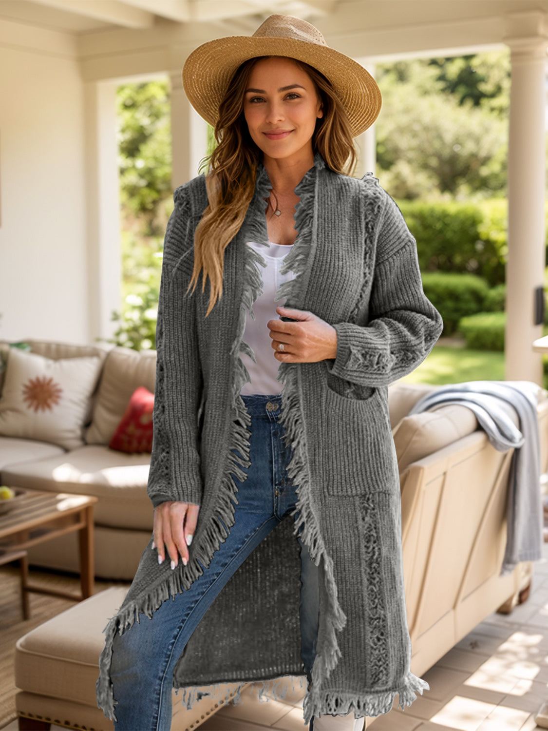 Textured fringe maxi cardigan in gray acrylic with open front and pockets
