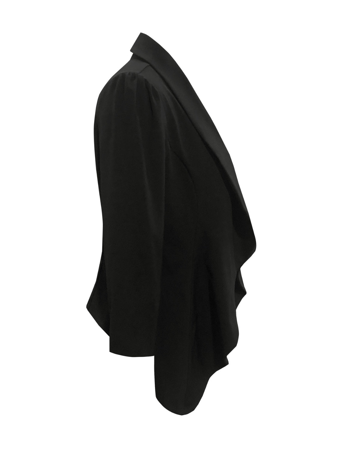 Black drape-front blazer with sculpted silhouette and puffed sleeves.