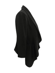 Black drape-front blazer with sculpted silhouette and puffed sleeves.