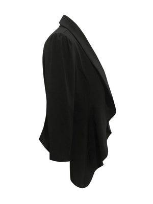 Black drape-front blazer with sculpted silhouette and puffed sleeves.
