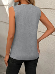 Gray sleeveless tank top with diagonal seam detail and crew neck.