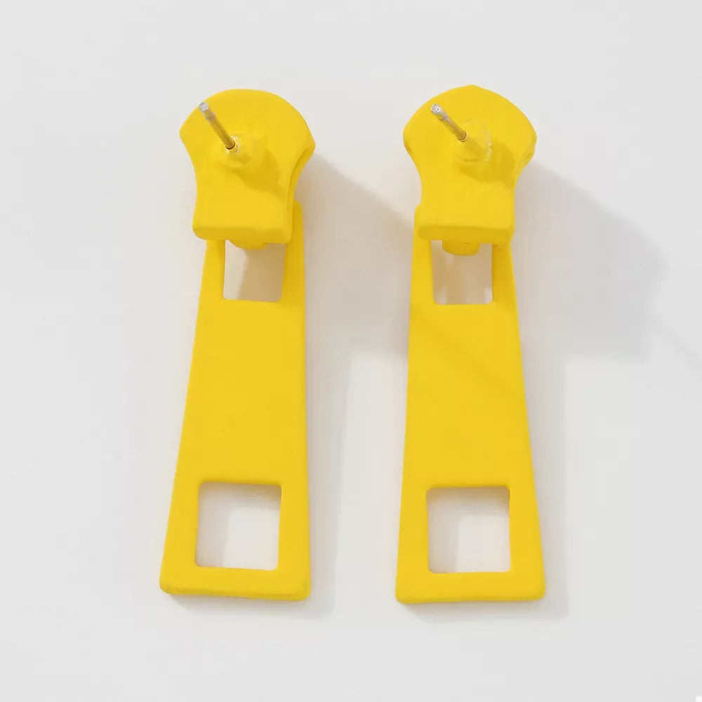 Yellow zipper drop earrings with square cutouts, alloy material