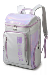 Iridescent accent waterproof sports backpack in purple and silver with zippered pockets and logo.