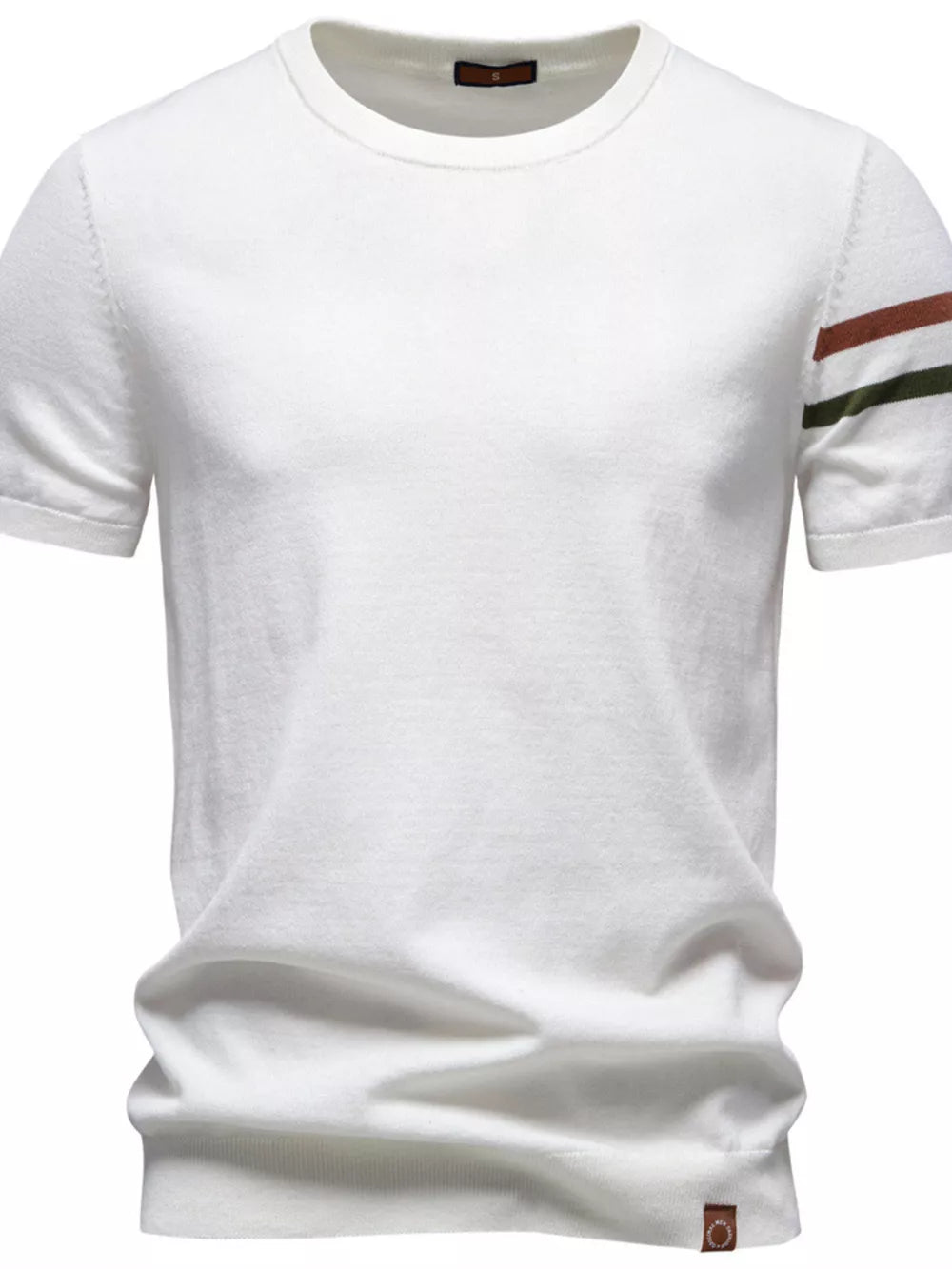 White cotton t-shirt with striped sleeves, crew neck, short sleeves.