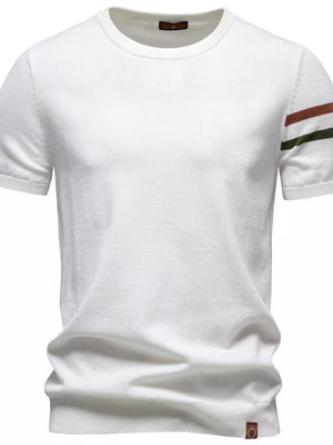 White cotton t-shirt with striped sleeves, crew neck, short sleeves.