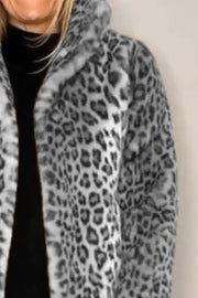 Leopard print faux fur collar coat in gray with a plush texture.
