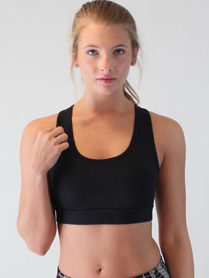 Black Racerback Pocket Sports Bra with scoop neckline and wide band