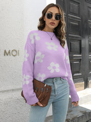 Lilac floral knit crewneck sweater with white flowers, acrylic, casual style