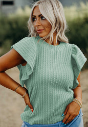 Textured cable knit top in Gum Leaf with flutter sleeves and crew neck.
