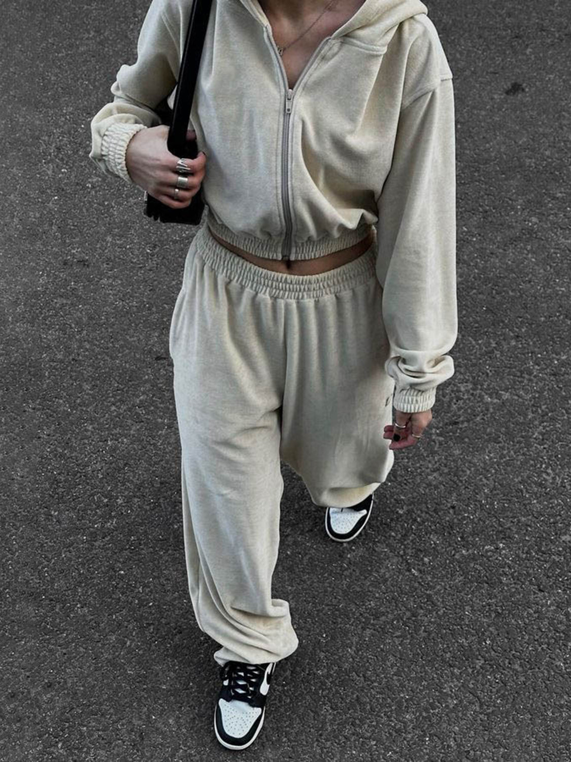 Apricot cropped zip hoodie and wide leg sweatpants set