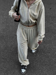 Apricot cropped zip hoodie and wide leg sweatpants set