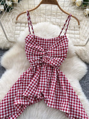 Red and white gingham cami top with twisted knot detail and asymmetrical hem