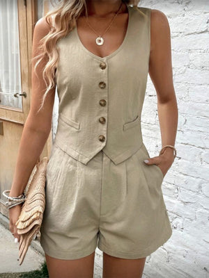 Khaki cotton vest and pleated shorts set with button detail