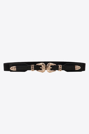 Black elastic belt with double western buckle and gold alloy details