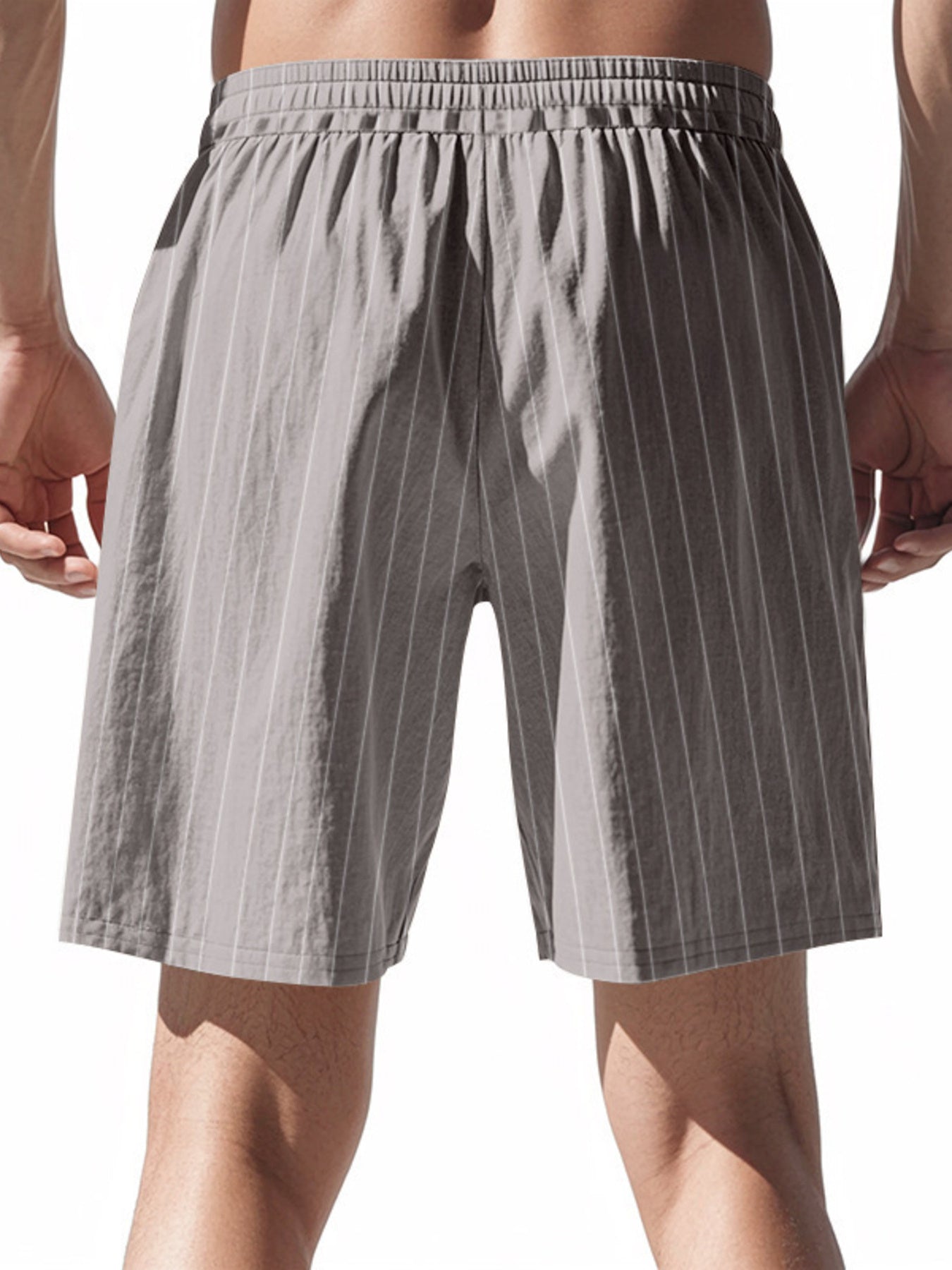Gray pinstripe chino shorts with drawstring waist and elastic band.
