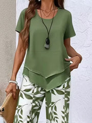 Chic Layered Top & Leaf Print Pants Set