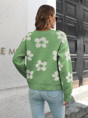 Floral knit crewneck sweater in Gum Leaf green with white floral pattern, acrylic, crew neck, long sleeves.
