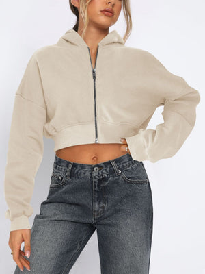 Khaki cropped zip-up hoodie with ribbed hem and cuffs.