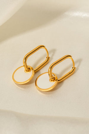 Gold mother-of-pearl disc drop earrings with oval hoops