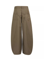 Brown wide-leg trousers with adjustable waist and large back pockets.