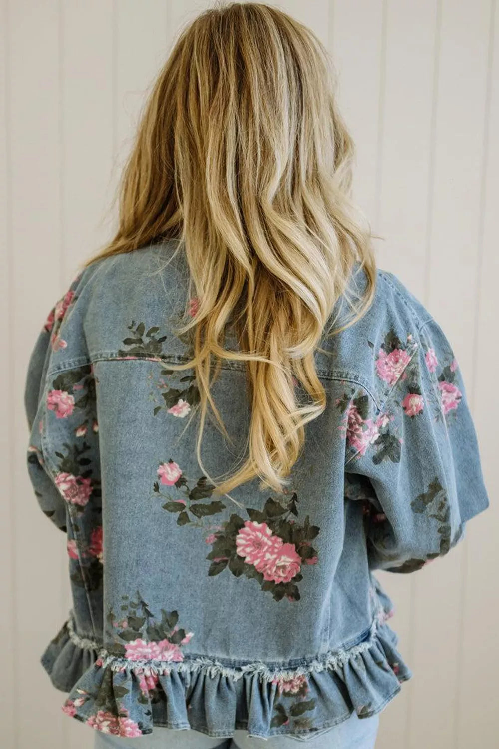 Floral Print Denim Jacket With Ruffled Hem, side view