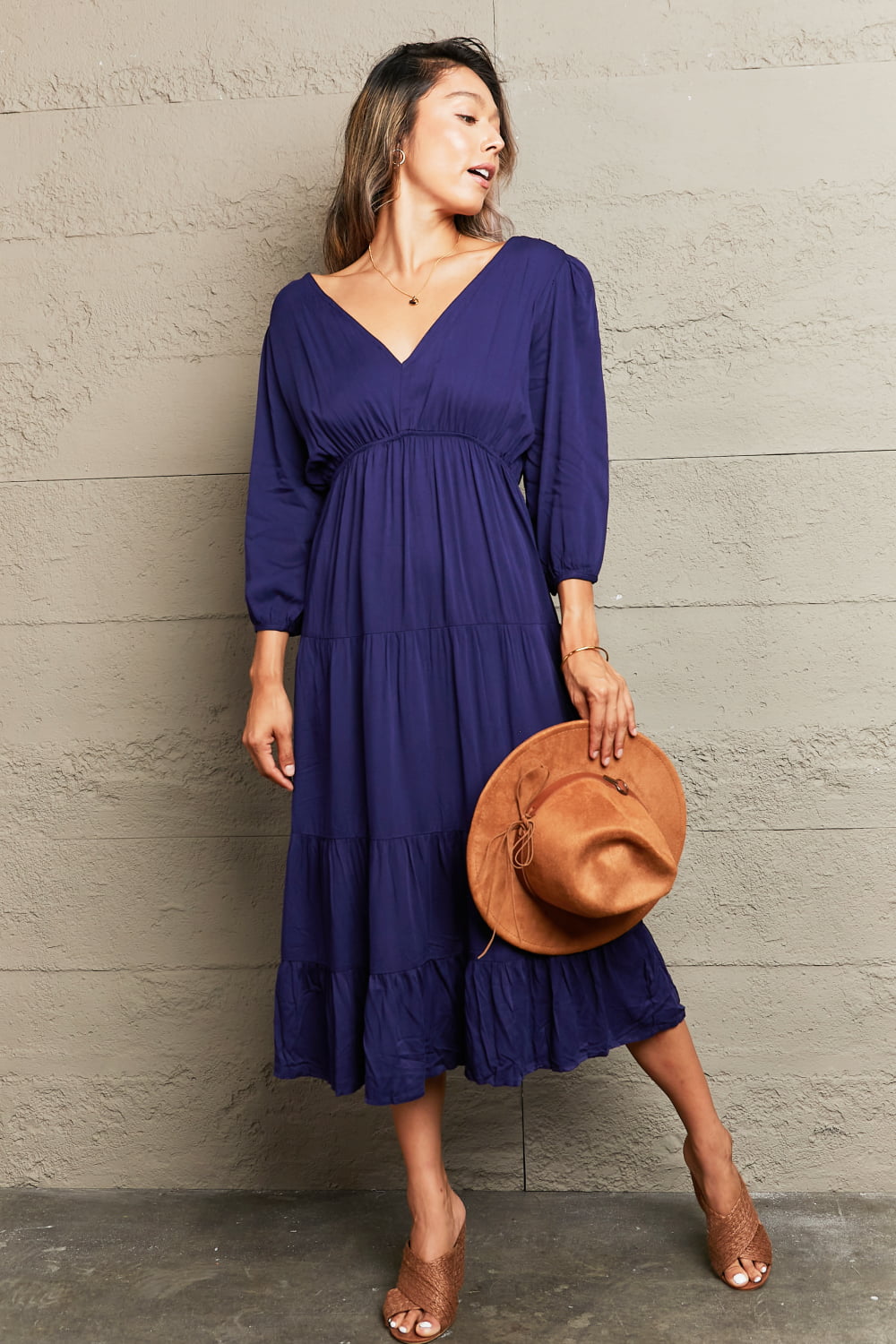 Navy backless empire waist tiered midi dress with balloon sleeves and a V-neck.