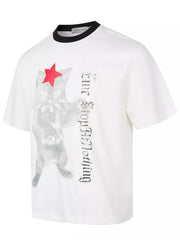 Men's white cotton spandex t-shirt with a grey cat graphic, red star, and gothic text print.