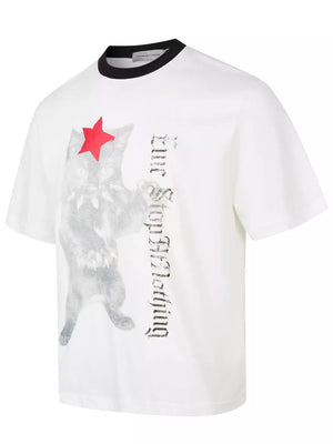 Men's white cotton spandex t-shirt with a grey cat graphic, red star, and gothic text print.