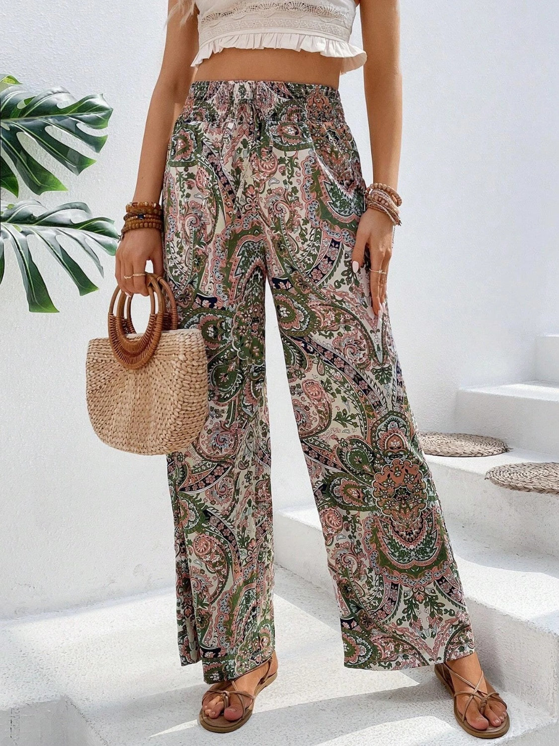 Paisley palazzo trousers with drawstring waist in multicolor, wide leg, boho style.