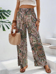 Paisley palazzo trousers with drawstring waist in multicolor, wide leg, boho style.