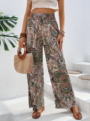 Paisley palazzo trousers with drawstring waist in multicolor, wide leg, boho style.