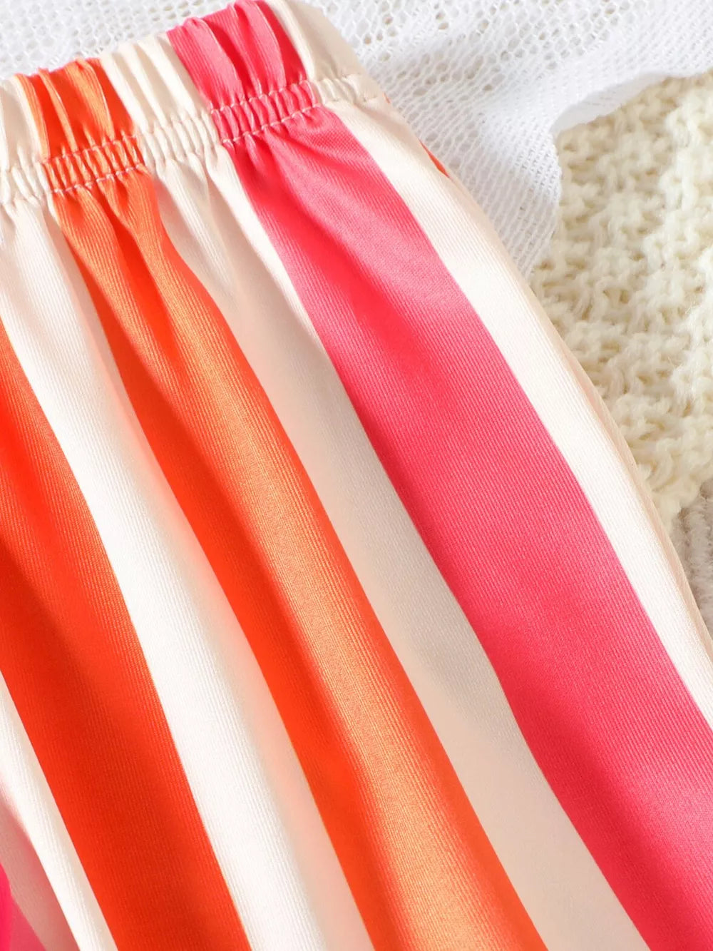 Children's Floral Print Crop Top And Striped Pants Set in Orange Red, back view
