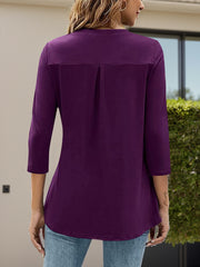 Violet V-neck three-quarter sleeve top with back pleat detail