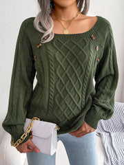 Army green cable-knit sweater with buttoned shoulder detail and square neckline.