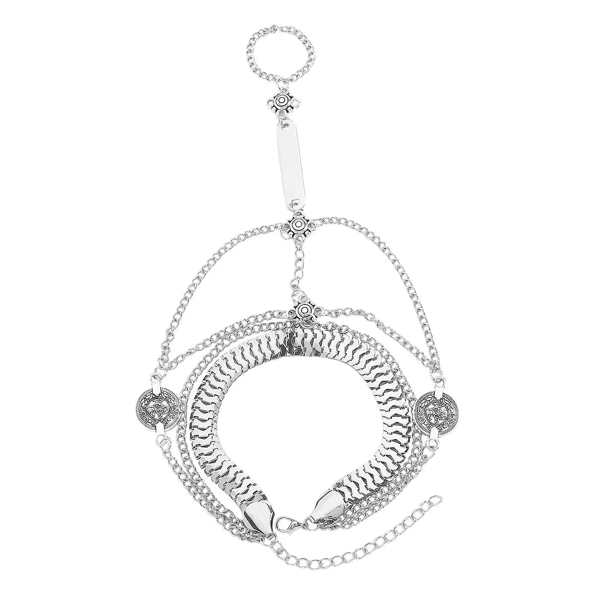 Silver multi-layered chain bracelet with coin charms and ring detail