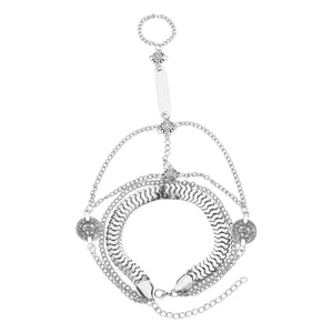 Silver multi-layered chain bracelet with coin charms and ring detail