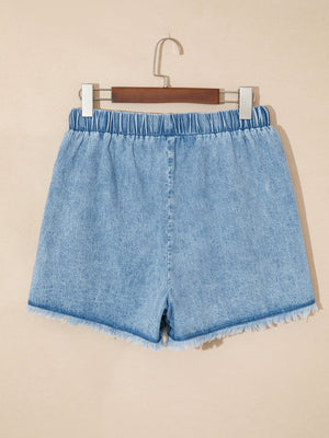 Light wash denim shorts with frayed hem and elastic drawstring waist