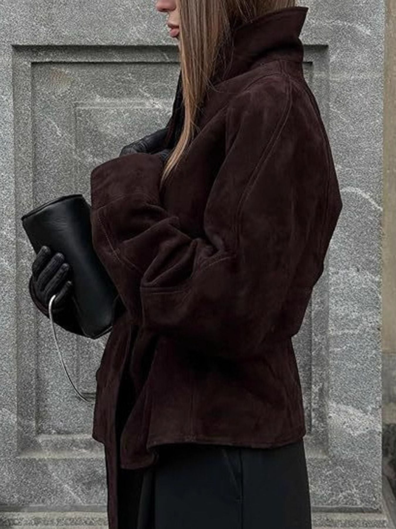 Dark brown suede tie-waist bolero jacket with a wide collar and cinched waist detail.
