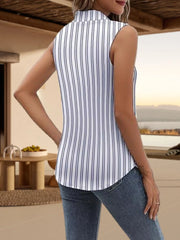 Sleeveless button-up shirt with navy pinstripes on white, featuring a collar and curved hem.