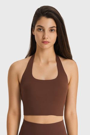 Brown halter neck sports bra with ruched back detail