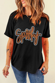 Black cotton t-shirt with sequin "Spooky" script graphic and rolled sleeves.