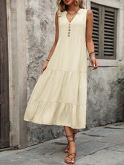 Beige tiered midi sundress with V-neck and button detail