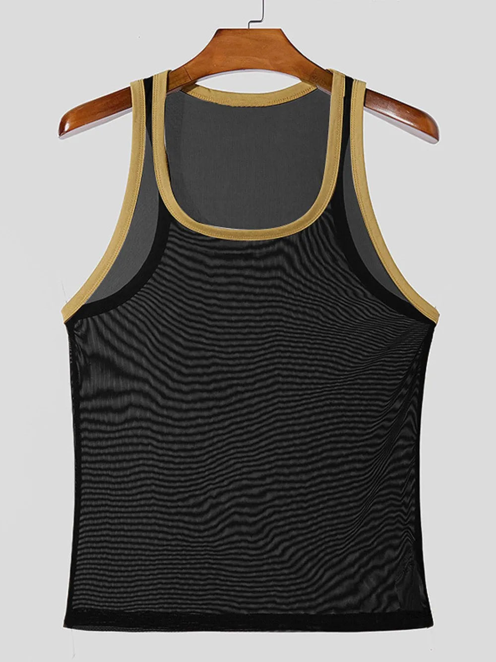 Black mesh tank top with contrast trim neckline and armholes.