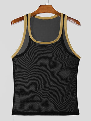Black mesh tank top with contrast trim neckline and armholes.