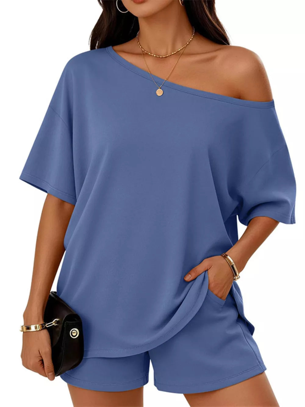 Blue boat neck tee and shorts set with off-the-shoulder styling and pockets.