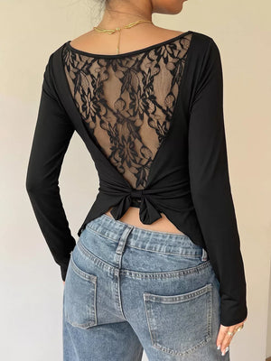 Lace Back Tie Long Sleeve Top in Black, front view