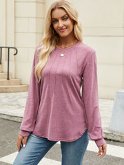 Moonlit Mauve crew neck top with vertical seam detail and long sleeves.
